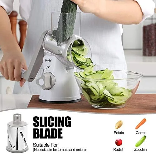 Geedel Rotary Cheese Grater - Kitchen Mandoline Vegetable Slicer with 3 Interchangeable Blades, Easy to Clean Rotary Grater Slicer for Fruit