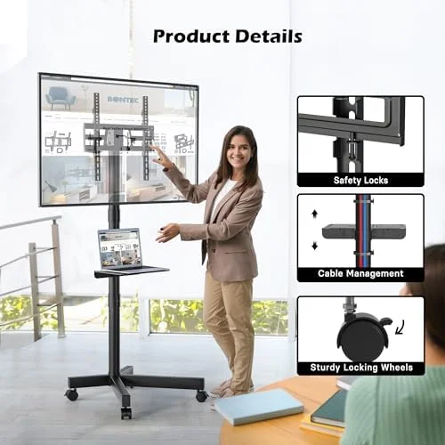 BONTEC Rolling TV Stand with Tilt - Mobile TV Stand Wheels for 23–65 Inch LED LCD TVs, Portable TV Cart with Adjustable Shelf for Living Room