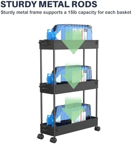 SPACELEAD 3 Tier Rolling Cart with Wheels - Storage Craft Art Trolley Organizer Serving, 3 Hanging Baskets Easy Assembly, for Office, Bathroom，Living