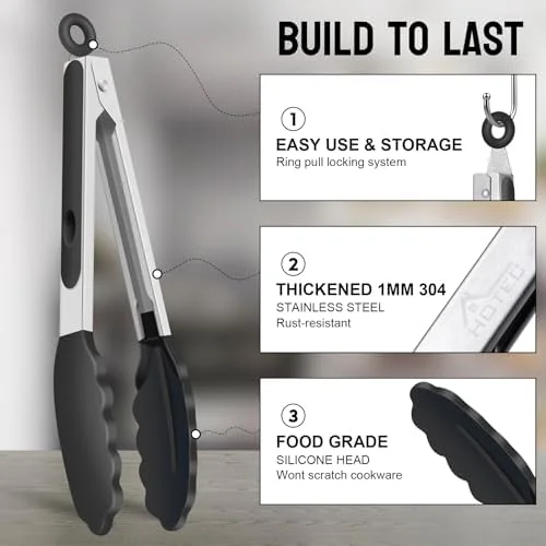 HOTEC Premium Stainless Steel Locking Kitchen Tongs with Silicon Tips, Set of 2-9" and 12"