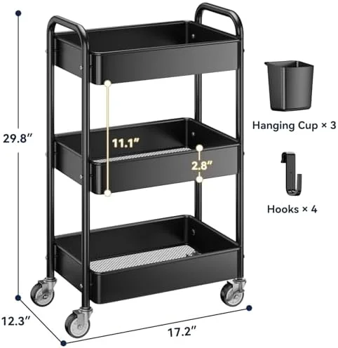 YASONIC 3 Tier Rolling Cart - Metal Utility Cart with Wheels, Hanging Cups, Hooks, Heavy Duty Mesh Rolling Storage Cart Organizer, Craft Cart for