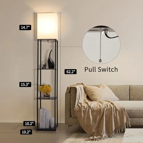 Gupuzm Floor Lamp with Shelves, Modern Square Standing Lamp with 3 Color Temperature Bulb, Corner Display Bookshelf Lamp for Living Room, Bedroom and