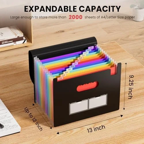 Sooez Accordion File Organizer - 13 Pockets Expanding File Folder, Portable Monthly Paper Bill Tax Receipt Organizer, Letter A4 Size Document Holder