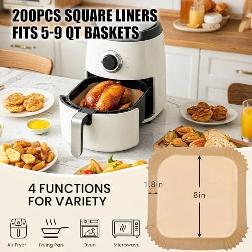 OLESBUR Air Fryer Liners Disposable, 200Pcs 8 Inch Airfryer Paper Liners, Unbleached Parchment Paper for Air Fryer Basket, Non-Stick Air Fryer