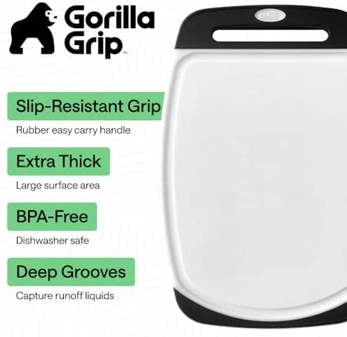 GORILLA GRIP BPA-Free Reversible Kitchen Cutting Board Set of 3, US Designed, Nonporous, Juice Grooves Catch Liquid, Slip Resistant Border