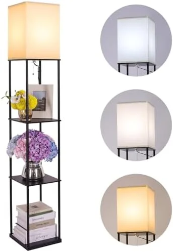 Gupuzm Floor Lamp with Shelves, Modern Square Standing Lamp with 3 Color Temperature Bulb, Corner Display Bookshelf Lamp for Living Room, Bedroom and