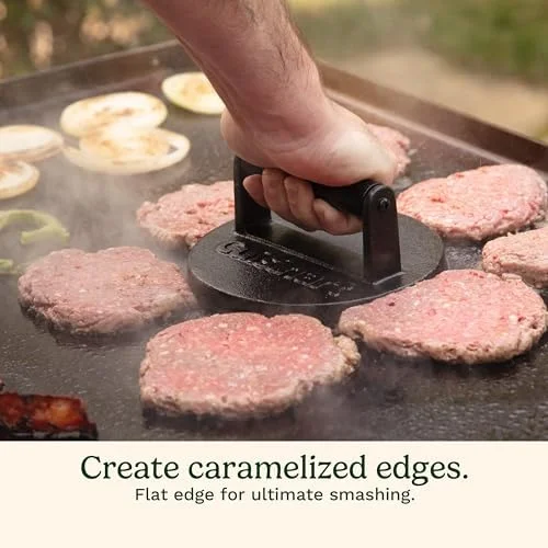 Cuisinart 6.5" Cast Iron Smashed Burger Press - Round Flat Edge Grill Press for Crispy Smash Burgers, Burger Tool for Grill and Griddle Accessories