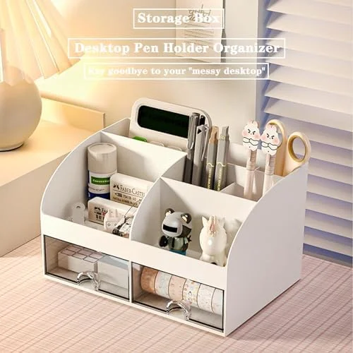 COMFYROOM Desk Organizer with 6 Compartments and 2 Drawers - Plastic Makeup Organizer, Pen Holder for Desktop Storage, Desk Organization for School