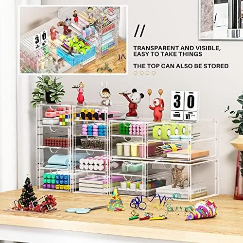 caktraie Makeup Organizer Storage With 16 Drawers, 4 Pcs Desktop Office Supplies, Desk Organizers, Clear Accessories, Dustproof Storage Drawer and