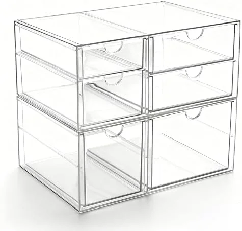 Prsildan Acrylic Drawer Makeup Organizer with 6 Drawers (Not for Baby Bottle) - Set of 2 Office Desk Organizers Accessories, Clear Stackable Storage