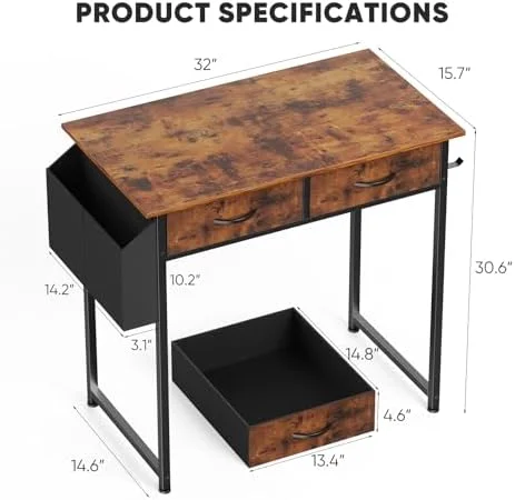 DUMOS 32" Home Office Computer Desk with Drawers - Small Gaming Writing Study Table with Storage Side Bag, Headphone Hook and Adjustable Feet for