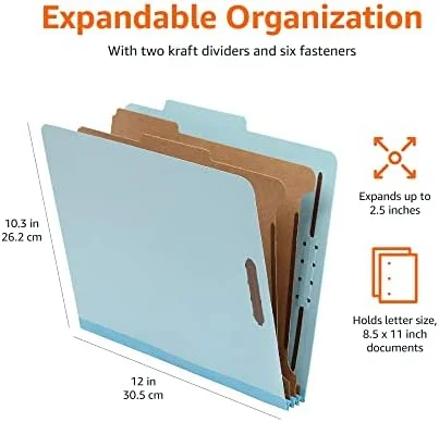 Amazon Basics Classification Folder with Prongs, 100% Recycled, 2 Dividers, 2" Embedded Fasteners, Letter Size, for Documents Organization, Light