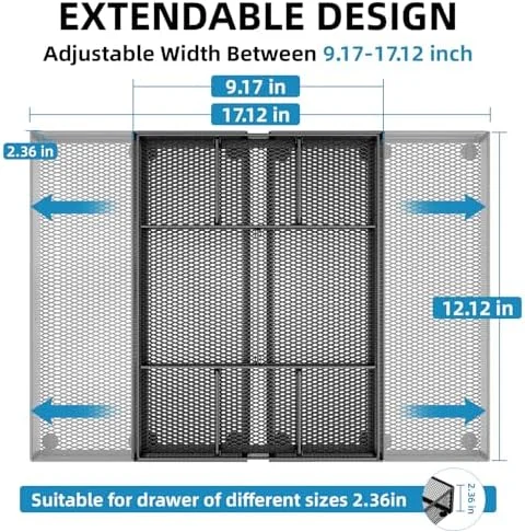 Marbrasse Expandable Desk Drawer Organizer, Mesh Drawer Organizer Tray with 10 Adjustable Compartments, Desk Organizers and Accessories, 5 Dividers