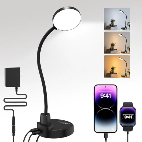 15W LED Desk Lamp with USB Charging Ports – Dimmable Table Lamp with 3 Color Temps, 5 Brightness, 4 Timers, Flexible Gooseneck Light with Base