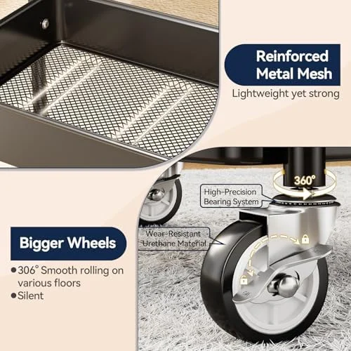 YASONIC 3 Tier Rolling Cart - Metal Utility Cart with Wheels, Hanging Cups, Hooks, Heavy Duty Mesh Rolling Storage Cart Organizer, Craft Cart for