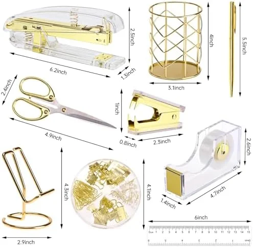 EOOUT Gold Office Supplies Set Desk Accessories - Acrylic Stapler Set Staple Remover, Phone Holder, Tape Holder, Pen Holder, 2 Ballpoint Pen, Scissor