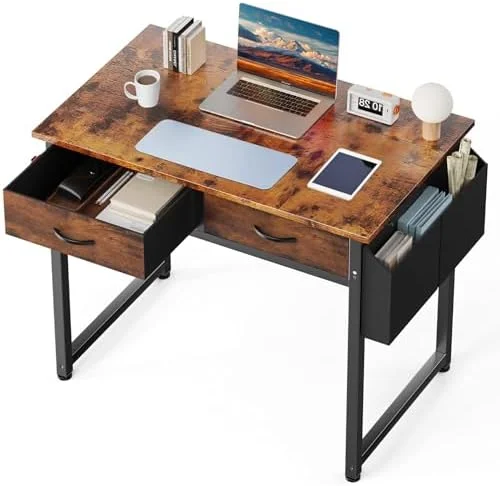 DUMOS 32" Home Office Computer Desk with Drawers - Small Gaming Writing Study Table with Storage Side Bag, Headphone Hook and Adjustable Feet for