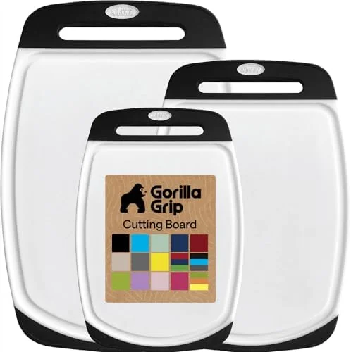 GORILLA GRIP BPA-Free Reversible Kitchen Cutting Board Set of 3, US Designed, Nonporous, Juice Grooves Catch Liquid, Slip Resistant Border