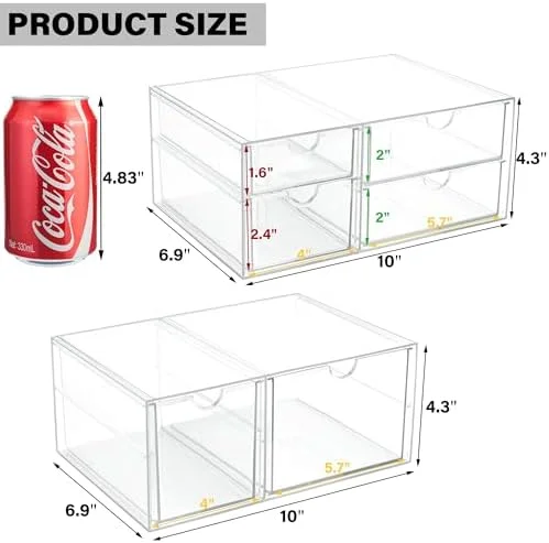 Prsildan Acrylic Drawer Makeup Organizer with 6 Drawers (Not for Baby Bottle) - Set of 2 Office Desk Organizers Accessories, Clear Stackable Storage