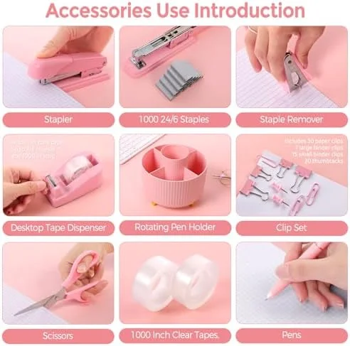 SKYDUE Pink Desk Accessories 10Pcs - Rotating Pen Holder for Desk, Stapler, Staple Remover, Tape Dispenser, 2pcs Tape Refills, Binder Paper Clips Kit