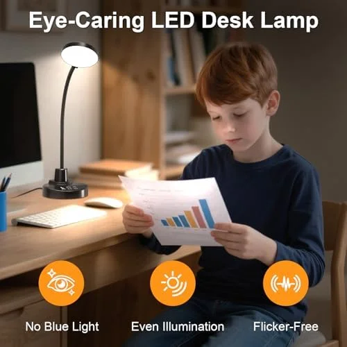 15W LED Desk Lamp with USB Charging Ports – Dimmable Table Lamp with 3 Color Temps, 5 Brightness, 4 Timers, Flexible Gooseneck Light with Base