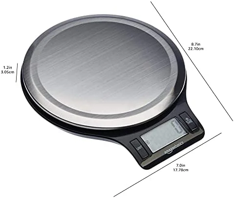 Amazon Basics Digital Kitchen Scale with LCD Display - Tare Function, Multiple Units, Weighs up to 11 Pounds, Batteries Included, Black and Stainless