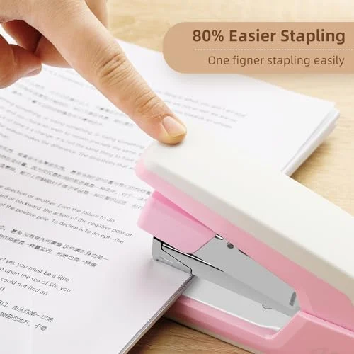 Deli Effortless Desktop Stapler - Heavy Duty Stapler, 40-50 Sheet Capacity, One Finger, No Effort, Includes 1500 Staples & Staple Remover, Pink