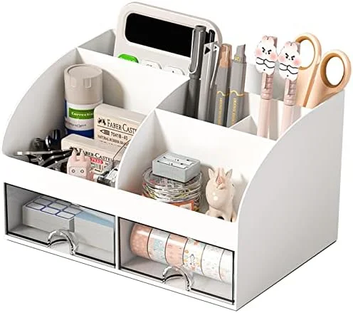COMFYROOM Desk Organizer with 6 Compartments and 2 Drawers - Plastic Makeup Organizer, Pen Holder for Desktop Storage, Desk Organization for School