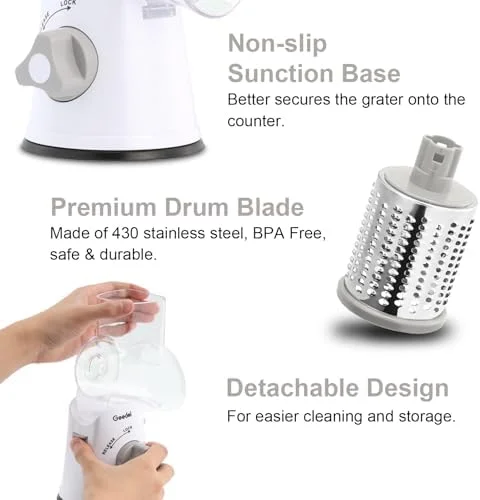 Geedel Rotary Cheese Grater - Kitchen Mandoline Vegetable Slicer with 3 Interchangeable Blades, Easy to Clean Rotary Grater Slicer for Fruit