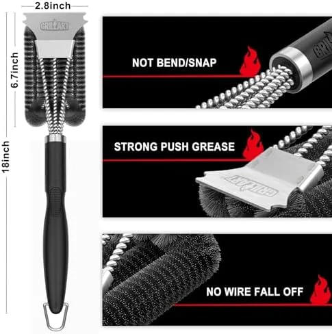 GRILLART Grill Brush and Scraper - Extra Strong BBQ Cleaner Accessories, Safe Wire Bristles Barbecue Triple Scrubbers Cleaning Brush for Gas/Charcoal