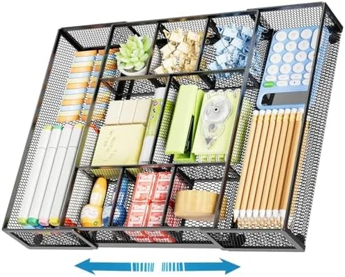 Marbrasse Expandable Desk Drawer Organizer, Mesh Drawer Organizer Tray with 10 Adjustable Compartments, Desk Organizers and Accessories, 5 Dividers