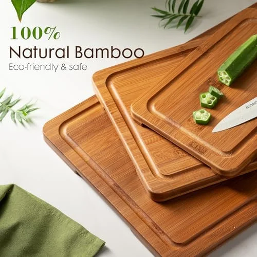 Astercook Deep-Carbonized Bamboo Cutting Boards for Kitchen with Wood Storage Stand, Reversible Charcuterie & Chopping Boards with Juice Grooves and