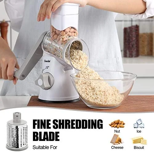 Geedel Rotary Cheese Grater - Kitchen Mandoline Vegetable Slicer with 3 Interchangeable Blades, Easy to Clean Rotary Grater Slicer for Fruit