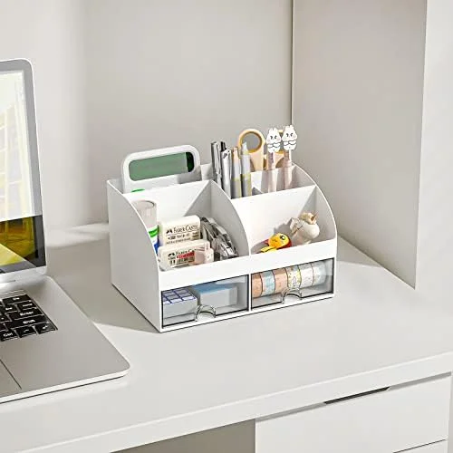 COMFYROOM Desk Organizer with 6 Compartments and 2 Drawers - Plastic Makeup Organizer, Pen Holder for Desktop Storage, Desk Organization for School