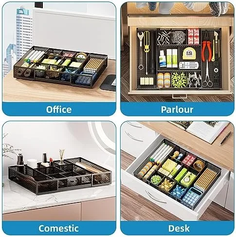 Marbrasse Expandable Desk Drawer Organizer, Mesh Drawer Organizer Tray with 10 Adjustable Compartments, Desk Organizers and Accessories, 5 Dividers