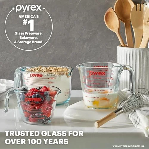 Pyrex Essentials (3-Pack) Glass Measuring Cups Set, (1, 2 & 4 Cup) Measuring Cups For Prepping, Baking and Cooking, Preheated Oven, Dishwasher
