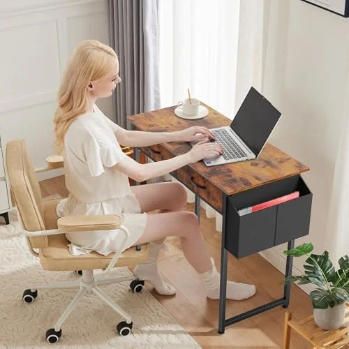 DUMOS 32" Home Office Computer Desk with Drawers - Small Gaming Writing Study Table with Storage Side Bag, Headphone Hook and Adjustable Feet for