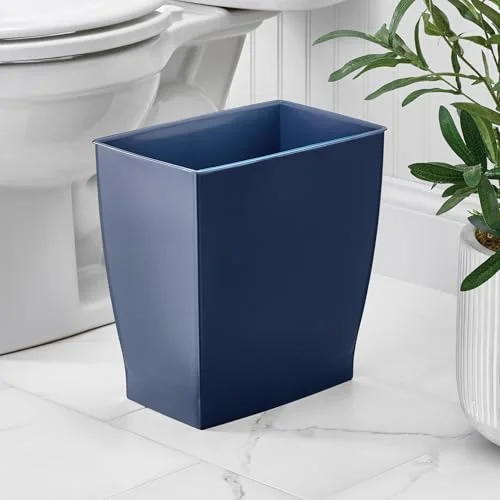 iDesign Small Plastic Bathroom Trash Can, Slim Rectangle Garbage Bin for Bedroom, Office, Dorm, Navy Blue