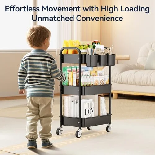 YASONIC 3 Tier Rolling Cart - Metal Utility Cart with Wheels, Hanging Cups, Hooks, Heavy Duty Mesh Rolling Storage Cart Organizer, Craft Cart for