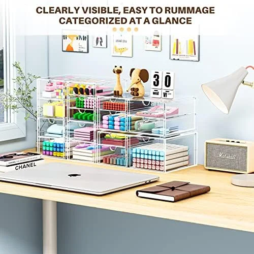 caktraie Makeup Organizer Storage With 16 Drawers, 4 Pcs Desktop Office Supplies, Desk Organizers, Clear Accessories, Dustproof Storage Drawer and