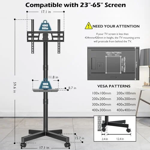 BONTEC Rolling TV Stand with Tilt - Mobile TV Stand Wheels for 23–65 Inch LED LCD TVs, Portable TV Cart with Adjustable Shelf for Living Room