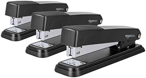 Amazon Basics Full-Strip Metal Office Desktop Stapler - 20 Sheet Capacity, Non-Slip, Black, 3-Pack