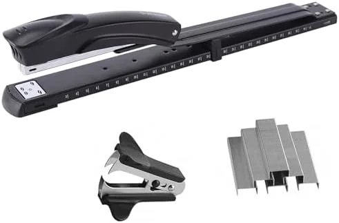 Long Reach Stapler - with 2000 Staples & Stapler Remover Full Strip，20-25 Sheet Capacity, with Built-in Ruler and Adjustable Locking Paper Guide