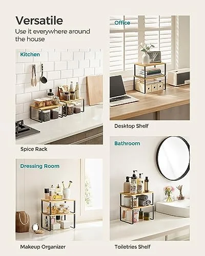 SONGMICS Cabinet Organizer Shelf - Set of 2 Kitchen Counter Shelves, Kitchen Storage, Spice Rack, Stackable, Expandable, Metal and Engineered Wood