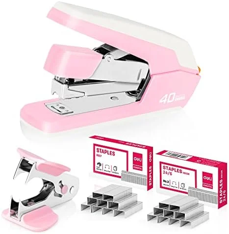 Deli Effortless Desktop Stapler - Heavy Duty Stapler, 40-50 Sheet Capacity, One Finger, No Effort, Includes 1500 Staples & Staple Remover, Pink