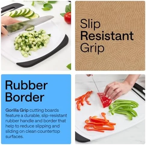 GORILLA GRIP BPA-Free Reversible Kitchen Cutting Board Set of 3, US Designed, Nonporous, Juice Grooves Catch Liquid, Slip Resistant Border