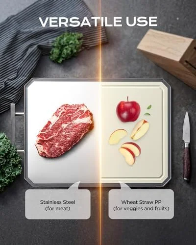 SNOWCLAD Stainless Steel Cutting Board - Double Sided Steel Bread Boards for kitchen, Stainless Steel/Wheat straw pp Large Board for meat, non toxic