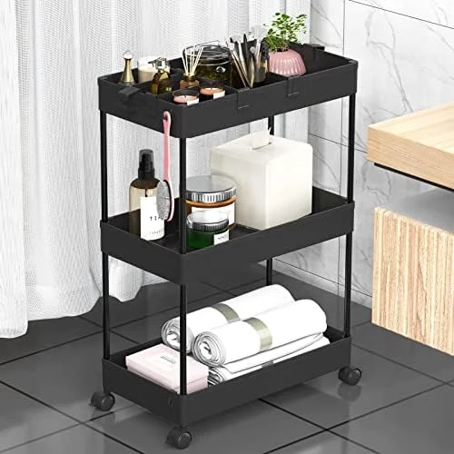SPACELEAD 3 Tier Rolling Cart with Wheels - Storage Craft Art Trolley Organizer Serving, 3 Hanging Baskets Easy Assembly, for Office, Bathroom，Living