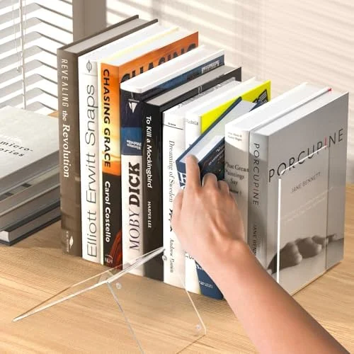 Acrylic Bookends 4 Pcs - Clear Book Ends for Shelves, Transparent Bookend Organizer, Book Holder Stand Decorative, Book Stoppers for Heavy Duty Books