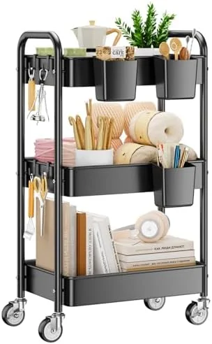 YASONIC 3 Tier Rolling Cart - Metal Utility Cart with Wheels, Hanging Cups, Hooks, Heavy Duty Mesh Rolling Storage Cart Organizer, Craft Cart for